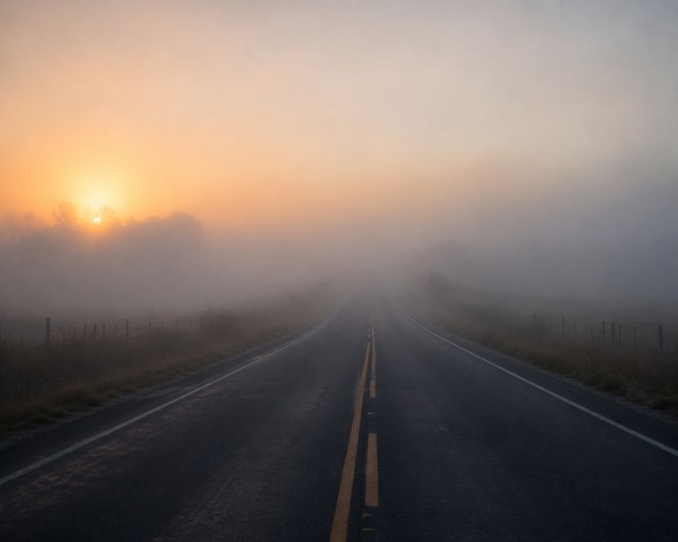 Uma estrada tomada pela neblina.