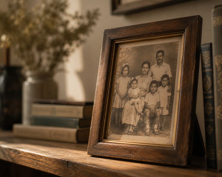 Uma foto antiga de família na estante.