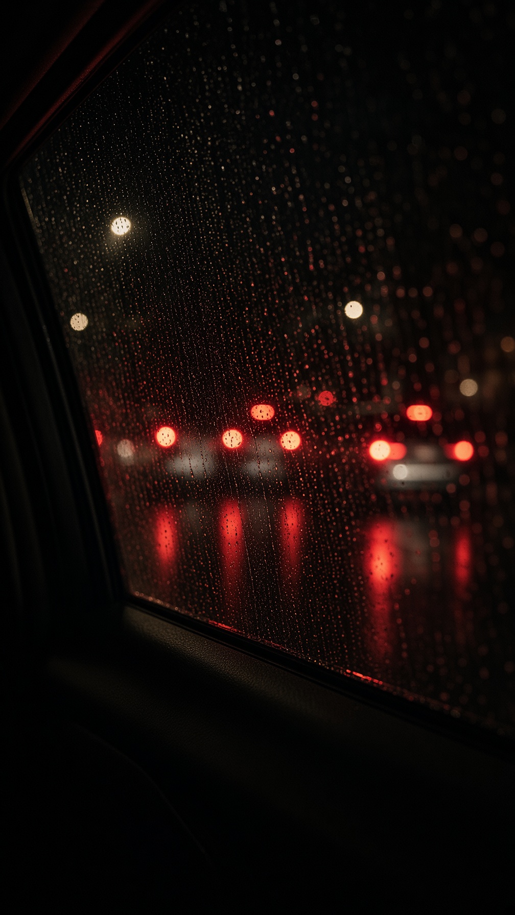Chuva no para-brisa e luzes vermelhas do trânsito parado à noite