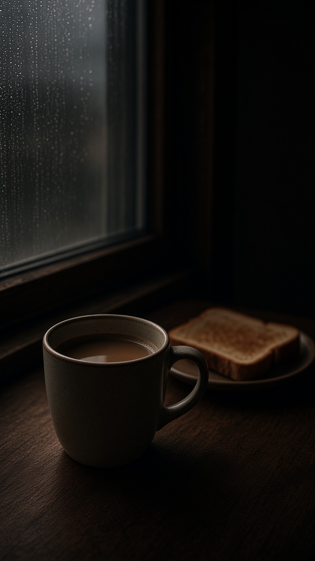 Xicara de cafe esquecida na mesa ao lado da janela